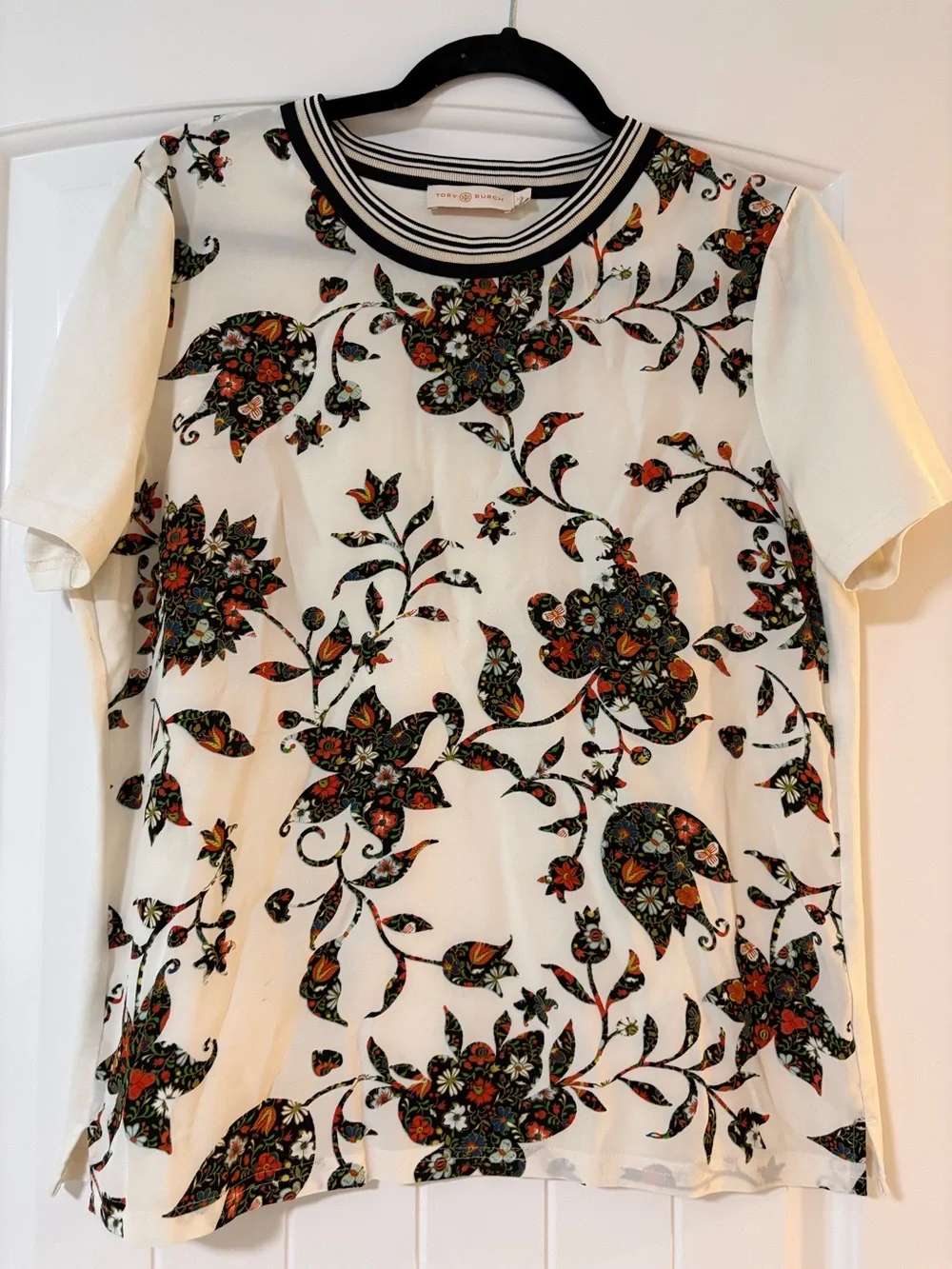 Tory Burch White Short-Sleeve Floral Print Tee with Striped Neck